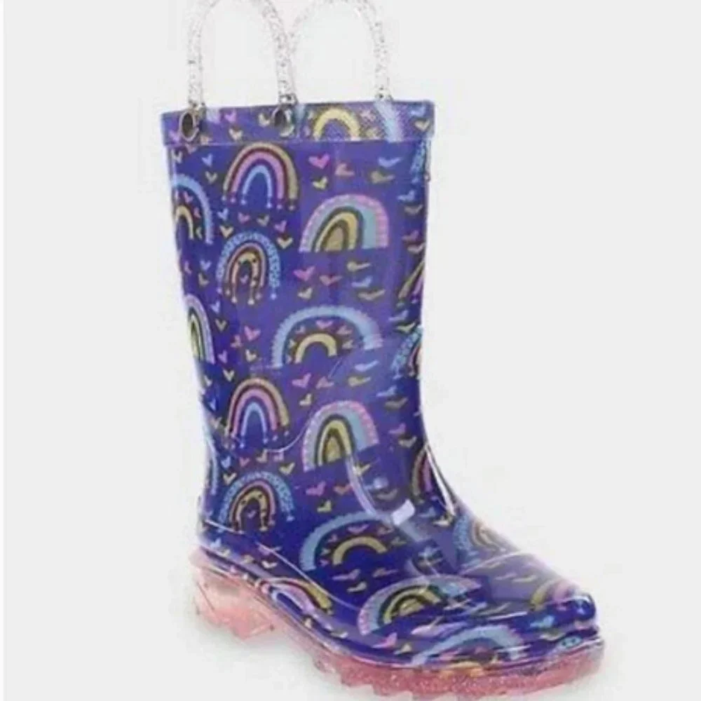 Western Chief Rainbow Hearts Glitter Lighted PVC Rain Boot‎ Purple